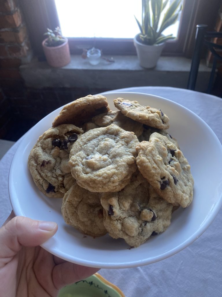 Image of a plate of chocolate chip cookies.